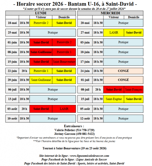 horaire bantam U16