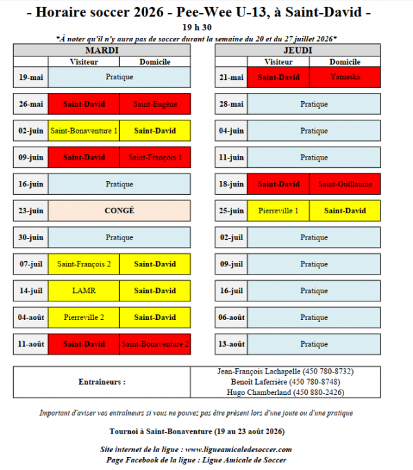 horaire peeweeU13