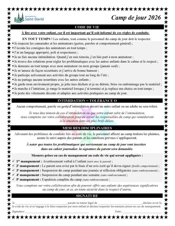Camp de jour 2026 Reglements et mesures disciplinaires Saint David.pdf