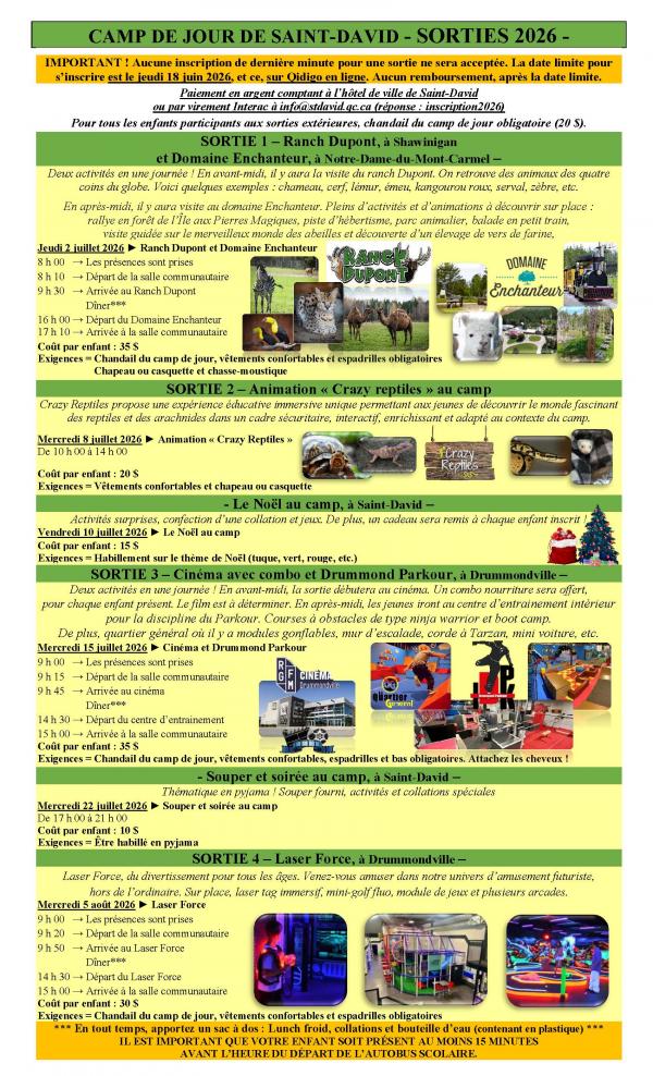 Camp de jour 2026 Sorties details Saint David.pdf